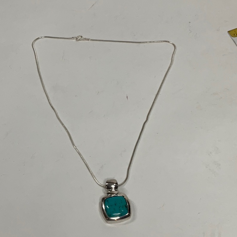 Obj 925 Italy Stamped Square Turquoise Pendant Necklace